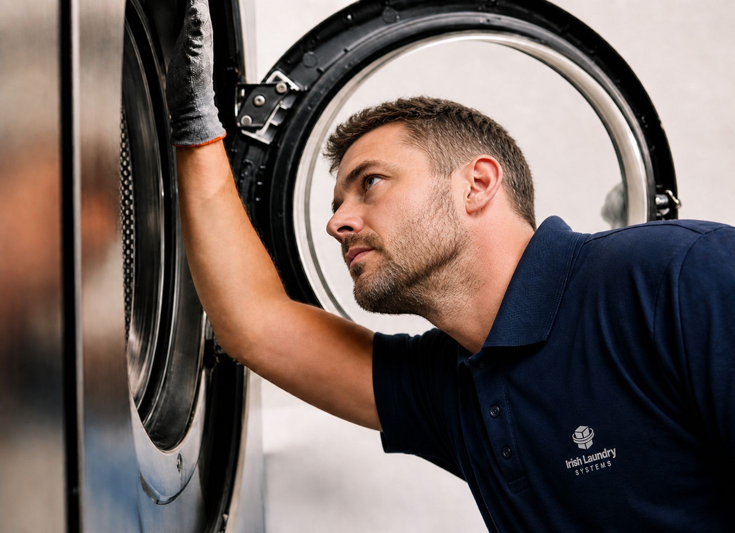 ILS technician inspecting commercial laundry equipment during a planned visit