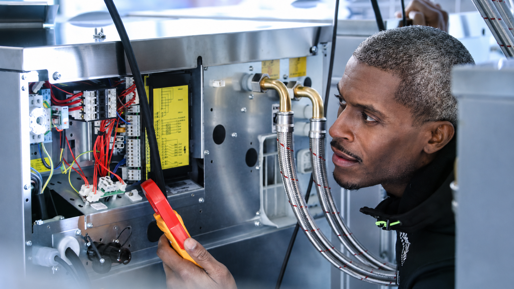 ILS engineer reviewing commercial laundry equipment after a service visit
